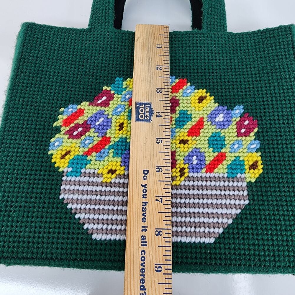 VTG Handmade Needlepoint Tote Bag Floral Canvas Plastic Purse Craft Knit 11x9 - Picture 12 of 15